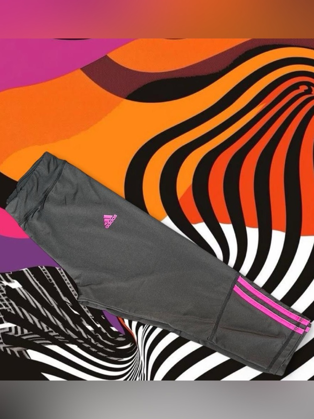 Adidas Black Capri Leggings with Purple Logo and Stripes